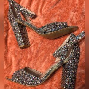 Betsey Johnson Glissten rainbow glitter ankle strap open toe chunky heels 9.5